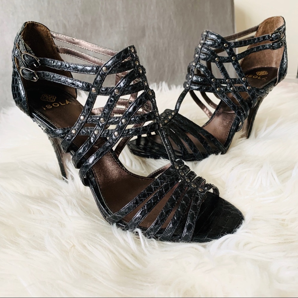 Isola snakeskin black studded strappy heels 81/2